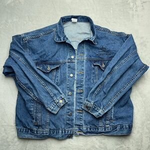 Vintage Tyca John Deere Des Moines Works Denim Trucker Jacket Mens XL Blue Logo